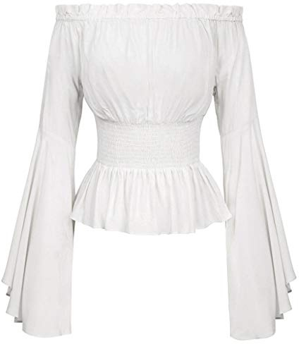 Chemise Medieval Femme À Épaules Dénudées- Haut Gothique Vintage Manches Trompette Décontracté Steampunk Chic Cour Tunique Renaissance Victorien Halloween Carnaval Cosplay Coupe Élasticité Shirt