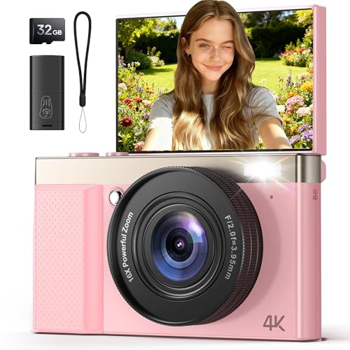 4K Digital Camera for Photography Pink: 16X Zoom 64MP Cam Records 4K Video for YouTube - AntiShake Flip Screen Single Point Shooting Vlogging Camera for Teen Girls & Young Women