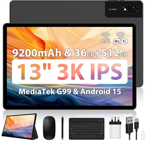 AXETOP 13 inch Tablet, Android 15 Tablet with SIM Card Slot, 36(12+24) GB RAM+512GB ROM, Helio G99 2.2Ghz Octa-Core Gaming Tablets, 9200mAh, Widevine L1, 8MP+13MP, 2944x1840 IPS, 18W Charge - Black