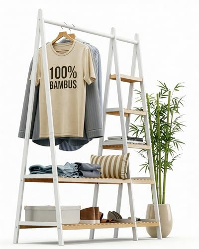 RoyalGrove® Kleiderständer, Kleiderstange, Garderobenständer, 44 x 110 x 160 cm, Garderobe, Schuhablage, offener Kleiderschrank, 7 Ablagen, Schlafzimmer, Flur, Bambus, weiß