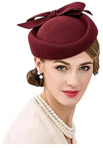 GHHZML Casquete Tocado Tocados de Iglesia for Mujer, Sombreros Vintage Tipo Pastillero for Bodas, Fiestas té, Fedora Fieltro Rojos for Damas(Red)