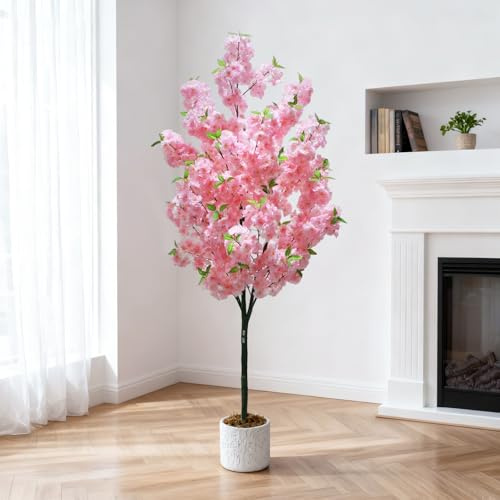 Árbol de cerezo artificial de 180 cm con flores rosa en maceta blanca, árbol de PVC y fibra textil para interior y exterior - Decoración para el hogar, oficina, bodas, fiestas | Árbol Sakura sin