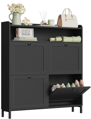 WOLTU Schuhschrank mit 4 Klappen, Schuhregal Schuhkipper schmal, Platzsparend & Robust, für 8-12 Paar Schuhe, Kratzfest, 100 x 107 x 19,5 cm,Schwarz