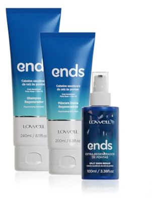 Lowell Ends – Kit Reparación de Puntas (Champú 240 ml + Máscara 240 ml + Extra Regenerador 100 ml) – Revitalización, Antifrizz y Protección Térmica