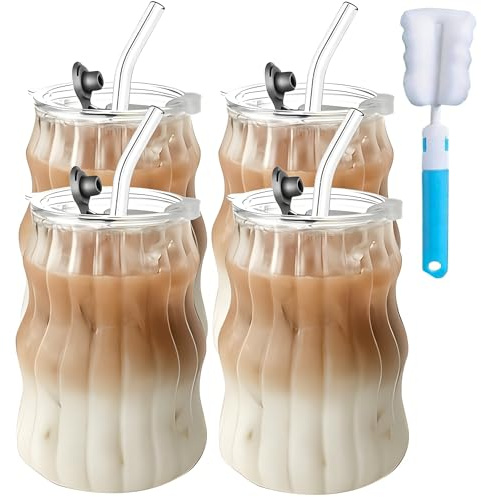 4Pcs 530ML Glass Mugs with Straws - Clear Iced Coffee Cup Matcha Ribbed Wavy Glass Cups Matcha Glasses with Straws Brush & Cup Brush for Ice Coffee Juice Drink Milk Tea Cocktail Wedding Birthday Gift