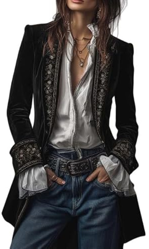 Blazer da Donna Giacca Lunga Vintage in Velluto Ricamato da Donna con Squisiti Ricami Floreali Blazer in Velluto con Revers A Lancia Completo Boho Aperto sul Davanti Costume Rinascimentale Nero XL