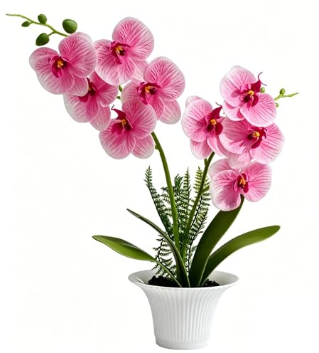 Orchidea artificiale in vaso, realistica sensazione di petali, 40 cm, pianta artificiale Phalaenopsis, 2 rami, fiori artificiali realistici al tatto, fiori di seta rosa, decorazione per soggiorno