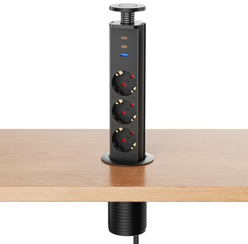 Enchufe empotrable retráctil con 3 Tomas, USB-C PD 30W, Ø60 mm | Regleta empotrable con USB-C2 y USB-A 15W, 4000W/16A, cable 1,8 m, escritorio, cocina y oficina, negro