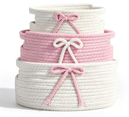 Aufbewahrungskorb Set 3er, Geflochtene Körbe mit Griff | Rosa & Weiß Baumwollseil Körbe in 3 Größen, Dekokorb für Baby, Bad, Schlafzimmer und Kinderzimmer Organisation