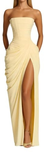 CEWIFO Vestido de corsé para mujer, elegante, maxivestido de gasa con pliegues asimétricos, vestido formal de dama de honor, vestido de invitado de boda, amarillo, XL