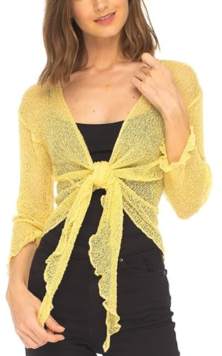 SHU-SHI - Cardigan/boléro à nouer - pour femme - transparent/léger/tricoté - taille unique - jaune vif