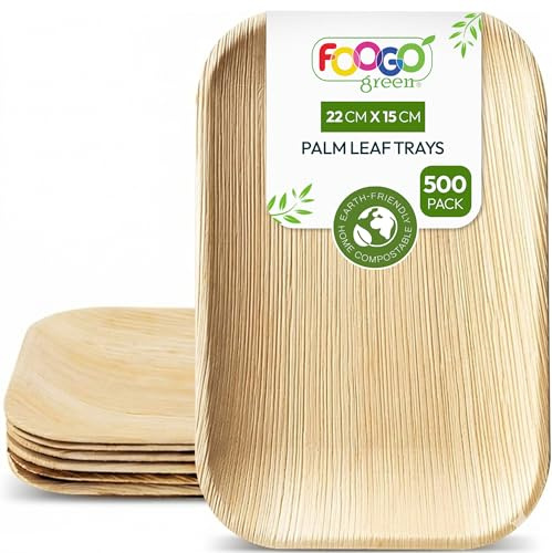 FOOGO Green 500 Bandejas Desechables de Hoja de Palma, Medianas 22x15 cm, Pizza, Entrantes, Canapés, Charcutería, Resistentes Como las Bandejas de Madera para Comida Caliente y Aperitivos