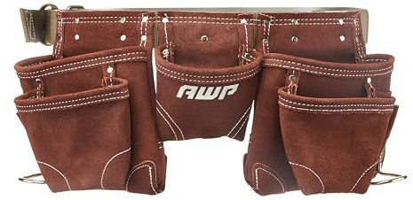AWP Suede Leather General Construction Tool Pouch Apron | 11-Pocket Tool Organization Work Belt | Brown | Fits Up to 50 Waist Size
