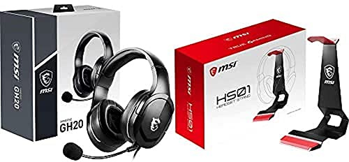 MSI IMMERSE GH20 Gaming Headset with MSI HS01 Gaming Headset Stand 'Black with Red, Solid Metal Design, Non Slip Base, Cable Organiser, Supports Most Headsets, Mobile holder'