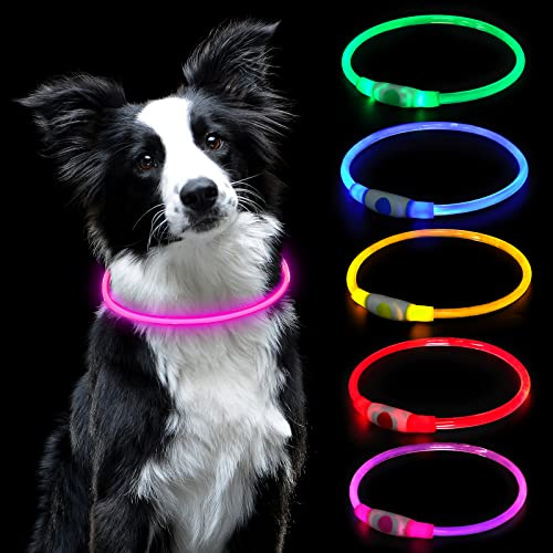 AUAUY Collare Luminoso per Cani, Collare per Animali Domestico LED Ricaricabile USB, Collare di Lunghezza Regolabile Impermeabile per Cani di Taglia Piccola Media Grande e Gatti (Rosa)
