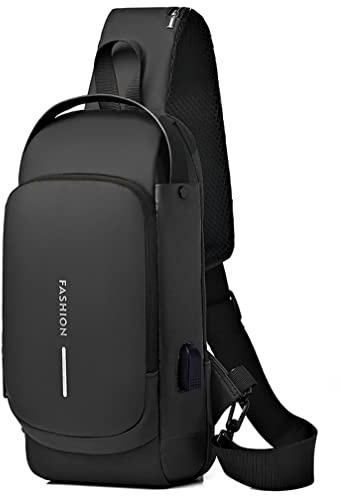 Geanbun anti-stöld sling crossbody ryggsäck axelväska, mode vattentät USB-laddning lätt bröstväska, A-svart