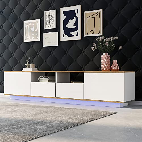 KecDuey Mueble bajo LED, 180 cm, mueble de TV, soporte de TV, tabla de TV, mesa de televisión industrial, moderno, mueble de TV de 80 pulgadas, color blanco