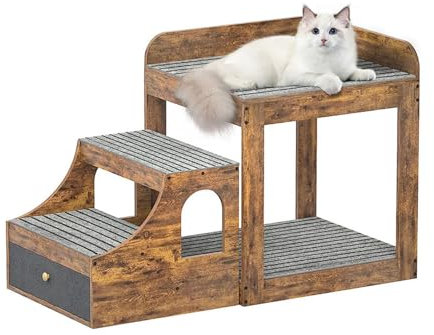 HOUSN Hundetreppe Haustiertreppe 3 Stufen,27,6 Hoch rutschfeste Hunderampe mit Schublade,Katzentreppe mit Katzenloch,Waschbar Haustierleiter für Bett und Sofa,Braun