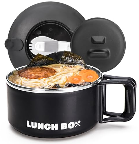 Roucerlin Microwave Ramen Bowl with Lid and Handle, 40.5 Oz Stainless Steel Liner Microwavable Soup Noodle Bowls, Instant Ramen Cooker Microwave Container for Office College Dorm (Black)