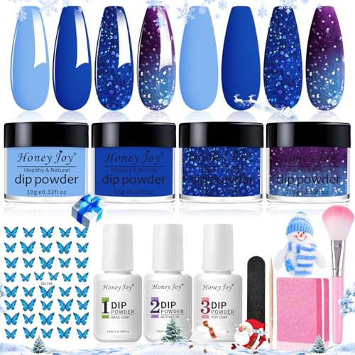 Honey Joy Dip Powder Nail Kit Starter,4 Colors Navy Blue Sky Blue Purple Glitter Dipping Powder Liquid Set with Base Top Coat for Nail Art Manicure Salon DIY No LED Nail Lamp Needed，Dip-7pcs-04 … …