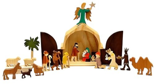 TAZZOR Krippen Set, Kinderkrippe aus Holz Weihnachtskrippen Set,Traditionelle Krippe für Weihnachten, Krippenfiguren Set Geeignet für Weihnachten, Baby Geschenkeg
