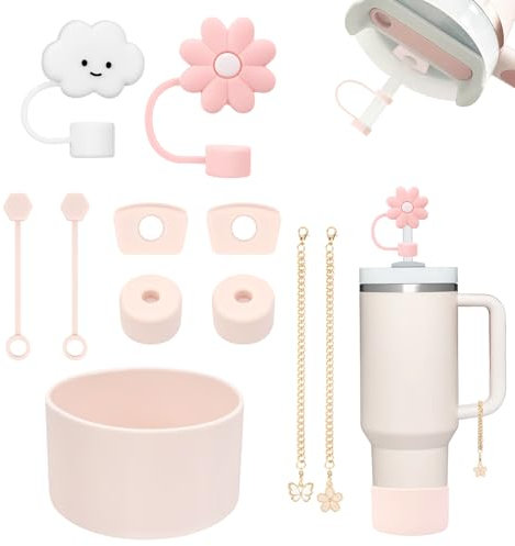 Stanley Cup Accessories, Includes 6 Stanley Cup Leak Protectors, 2 Straw Covers, 2 Pendant Accessories, 1 Silicone Case for 1.2 L and 850 ml Stanley Cup Accessories (Pink)