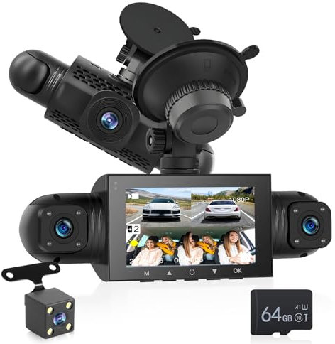 NHOPEEW 4 Canales Dash CAM Delantera y Trasera - 1080P Dashcam con 360°Cameras - Pantalla IPS de 3 Pulgadas con G-Sensor Grabación en Bucle 24H Parking Monitor Visión Nocturna + 64GB SD Card