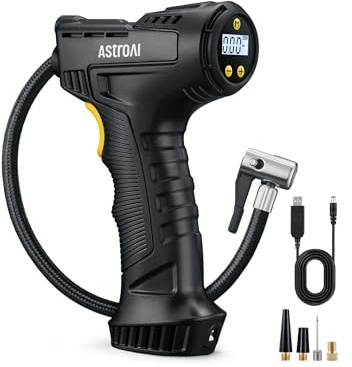 AstroAI Car Tyre Inflator Cordless Air Compressor Rechargeable Battery, 150PSI Portable Tyre Pump Digital Gauge, with Torch and 4 Adaptors for Car Motorcycle Bike Ball, Preset Memory & Auto-Stop