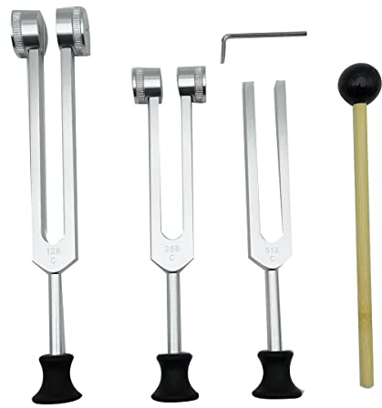 ivamulie 4er-Pack Stimmgabel-Set (128 Hz, 256 Hz, 512 Hz) mit Stimmgabelhammer für Musik, Yoga und Meditation, Silber
