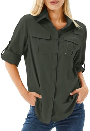 Winebox Women's UPF 50 Shirts Long Sleeve Sun Protection UV Quick Dry Casual Outdoor Safari Walking Fishing Hiking Travel Shirts(Army Green-m)