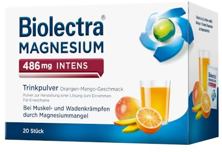 Biolectra® MAGNESIUM 486 mg INTENS höchstdosiert – bei Muskel- und Wadenkrämpfen, veganes Trinkpulver, Orange-Mango, 20 Stück