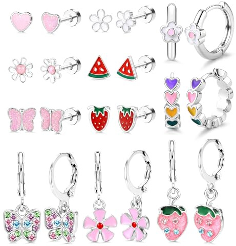 11 Paar Ohrringe für Mädchen Kinder Damen Hypoallergene Medizinische Ohrstecker Kinder Ohrringe Set mit Flachem Verschluss Creolen Hangeohrringe Bunt mit Herz Blume Schmetterling Erdbeere Gold/Silber