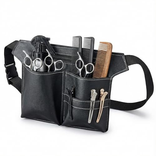 Gykutix Trousse de Coiffeur en Cuir PU, Ceinture Porte-Outils Professionnelle pour Salon de Coiffure, Sac à Ciseaux Portable Grande Taille Noir avec Ceinture pour Ciseaux, Peignes et Outils de Coiffur