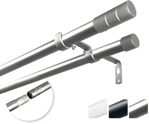 Rollmayer Gardinenstange Ø19 mm 200 cm Silber 2-läufig mit Toska | Mit Schraubverbindung Metallstange, Inkl. Endstücke, Inkl. Halterungen, Inkl. Montagematerial