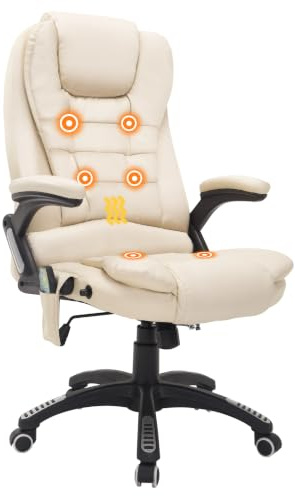 HOMCOM 6-Point Massage Office Chair Heated Seat High Back PU Leather Beige | Executive Desk Chair, Adjustable Height, 360° Swivel, for Home Office Work Study