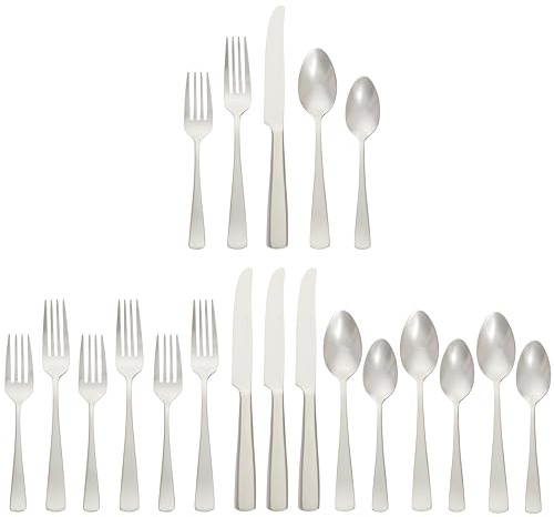 Amazon Basics 20-Piece Stainless Steel Flatware Set with Square Edge, Dishwasher Safe, Simple Design, Service for 4, Silver
