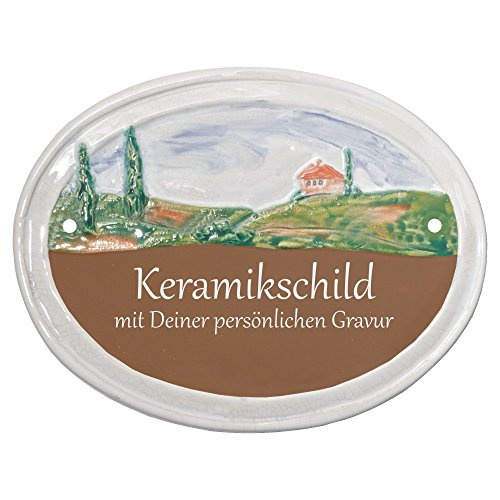 Handarbeit aus Schleswig-Holstein Keramikschild 16,0 x 12,5 cm Motiv Kleines Haus mit Zypressen (braun)