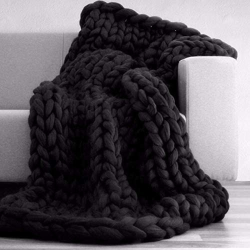 BWBG Grob Decke Gestrickte Kuscheldecke Black, Grobstrick Wolldecke Strickdecke 6cm Breit Gestrickt Tagesdecke Überwurf Sofa Decke Zuhause Dekor Geschenk- 120x150cm