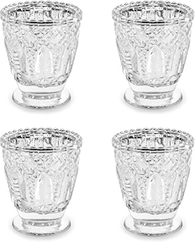 Teelichtgläser Glaskelch 7x8cm Kerzenhalter Windlicht Orient Kerzenglas 4er Set Hochzeit Tischdeko/Kerzenhalter, Silber, 8 cm, 4 stück