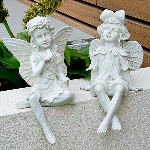 Pelle & Sol Set of 2 White Angel With Wings | Fairy Garden Accessories | Outdoor Resin Statue Indoor, Outdoor Decor and Gardening Gifts