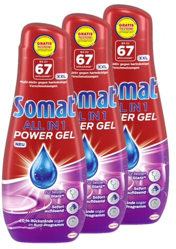 Somat All in 1 Power Gel, 201 (3 x 67) Spülgänge, Geschirrspülmittel für den Geschirrreiniger, sofort auflösend für 0% Rückstände, sogar im Kurzprogramm, 100% recyceltes Plastik