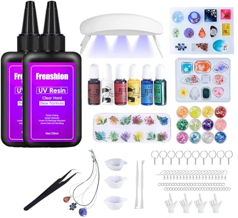Frenshion 179pcs Harz-Kit mit 200g Schnelle Aushärtung Klar Hart Geruchsarm UV-Harz, Farbpigment, Schimmel Zubehör Starter-Kit für Schmuck Herstellung mit Licht