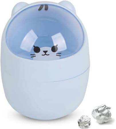 Cyrank Lindo Mini Bote de Basura de Escritorio, Cubo de Basura con Forma de Animal de Gato de Dibujos Animados con Tapa abatible Mini Bote de Basura de encimera pequeño Bote de Basura(Azul)