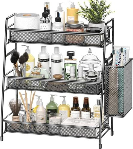 EKNITEY 3 Etagen Badezimmer Kosmetikregal Korb Metall Gewürzregal Schwarz | Küchenzubehör, stabile Metallkonstruktion, herausnehmbarer Korb, Gitterdesign, Parfüm, Kosmetik, Gewürze, einfache Montage