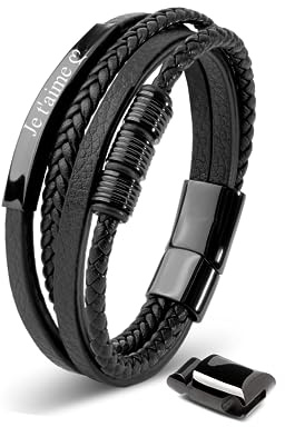 Cupimatch - Pulsera de piel para hombre, pulsera personalizada, ajustable, de piel trenzada, ancha, correa desenrollada con cierre magnético con eslabones adicionales
