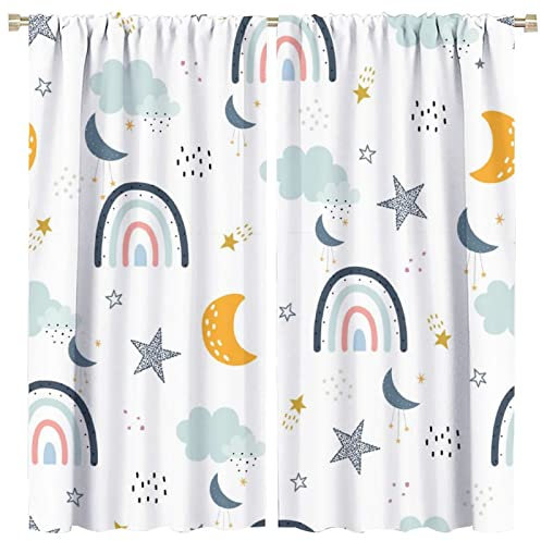 ZUMAHA Abstrakte böhmische Mädchen Regenbogen Blackout Vorhänge, Kinderzimmer Boho Bunte Regenbogen niedlich Mond Wolken gedruckt Rod Pocket 160Wx160L cm