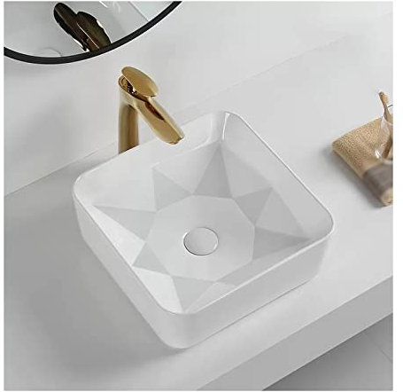 Aufsatz-Waschschale 14,9 x 14,9 weißes, quadratisches Badezimmerwaschbecken mit geometrischem Muster über der Theke, Waschbecken aus Keramik for Badezimmer, Hotel, Apartment Waschtisch (Color : Set