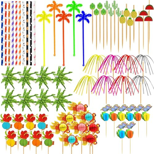 Ysimple 153 Stück Cocktail Zubehör Set, Cocktail Deko mit Schirmchen | Wiederverwendbar Cocktail Deko Set mit Schirmchen, Rührstäbchen und Strohhalmen für Party, Bar und Sommerfeste