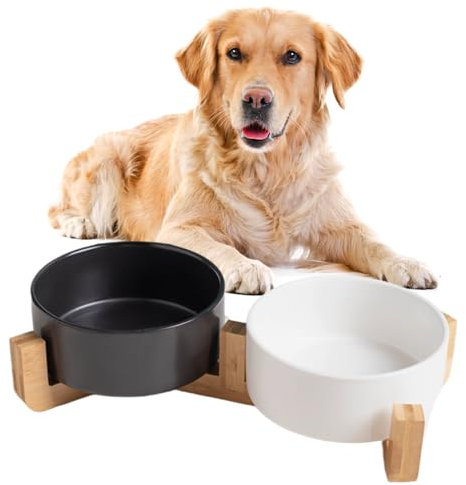 Viusneun Hundenapf Keramik, 2 Stück Futterschüssel Wassernapf Napf mit Bambus Ständer für mittelgroße und große Hunde Futter- und Wassernapf (Schwarz und weiß,12 * 5cm/300ml)