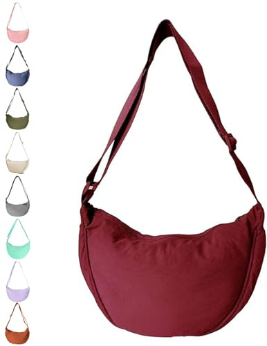 JENCVNL Damen Halbmond Tasche Nylon Crossbody Bag Damen Crossbody Moon Bag Crossbody Bag Halbmond Schultertasche mit verstellbarer Schultergurt (Burgund)